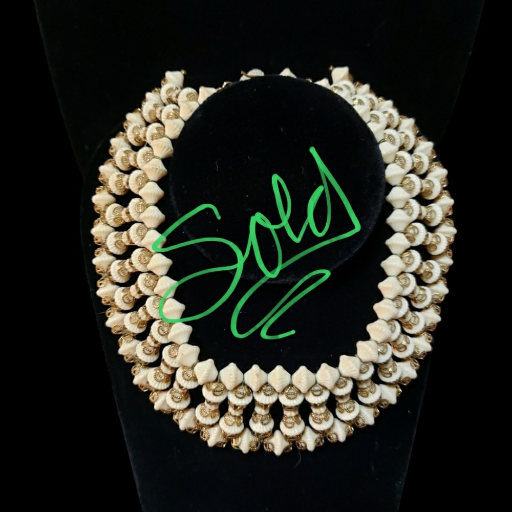 Gold Cream Color Beaded Statement Collar Necklace - Picture 1 of 1